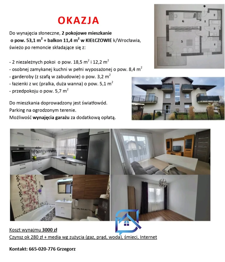 wynajmę mieszkanie + garaż w Kiełczowie k/Wrocławia - Mieszkania na sprzedaż