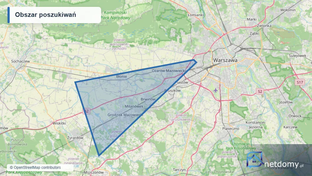 Mapa obszaru poszukiwań: Kupię dom pod Warszawą – zachodnia strona